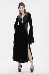 Robe gothique longue pour femme en velours noir avec empiècements en maille